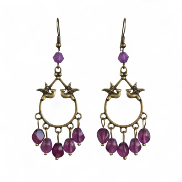 Boho Gypsy Sisters Jewelry - Vintage Bird Boho Dangle Earrings Purple Beads